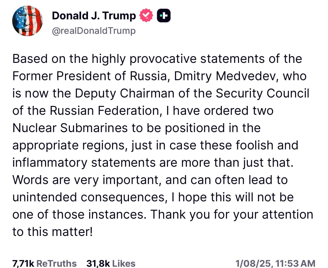 Pronunciamiento de Donald Trump en Truth