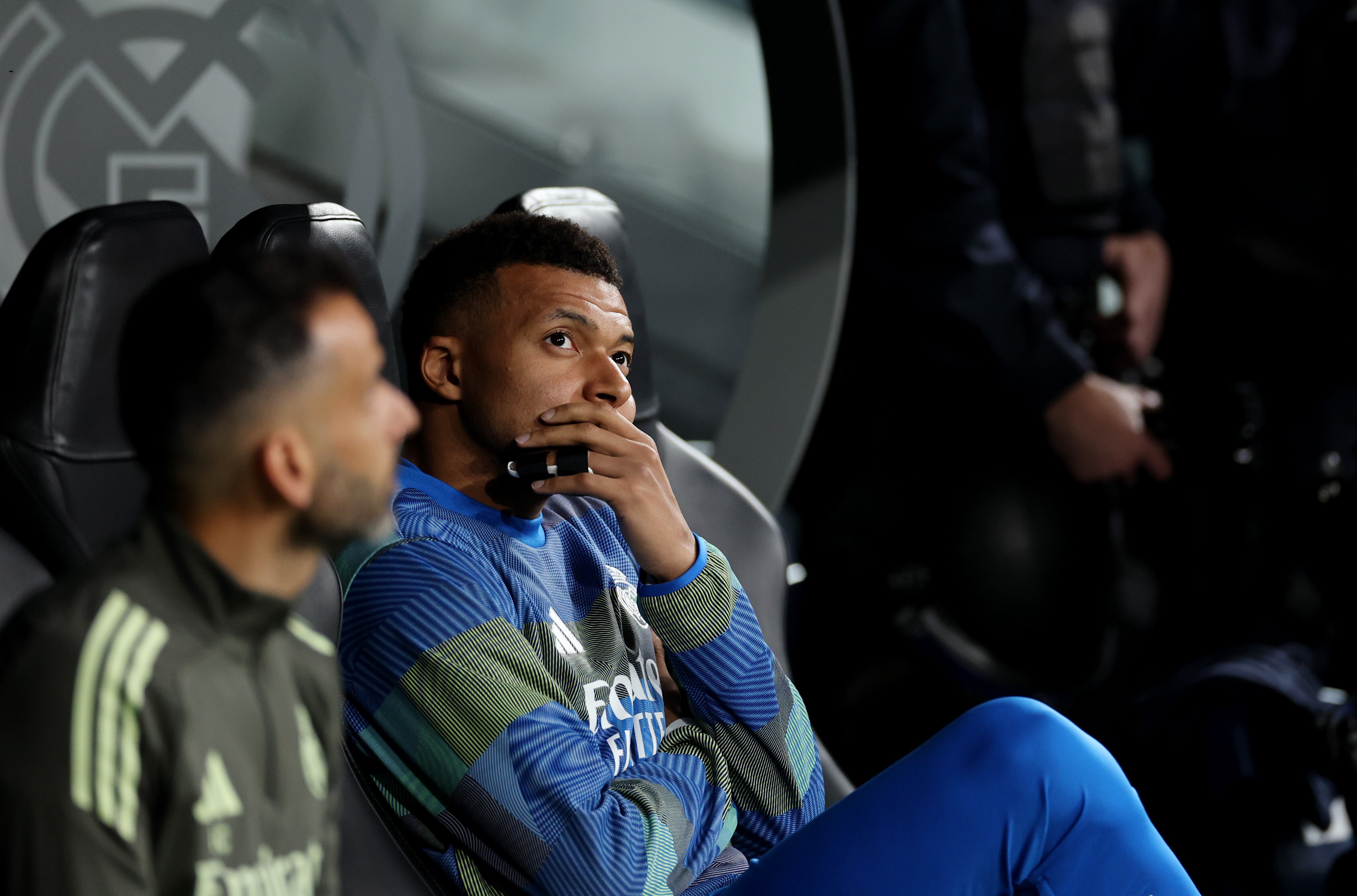 MADRID, SPAIN - DECEMBER 10: Kylian Mbappe of Real Madrid reacts on the bench prior to the UEFA Champions League 2025/26 League Phase MD6 match between Real Madrid C.F. and Manchester City at Estadio Santiago Bernabeu on December 10, 2025 in Madrid, Spain. (Photo by Florencia Tan Jun/Getty Images)