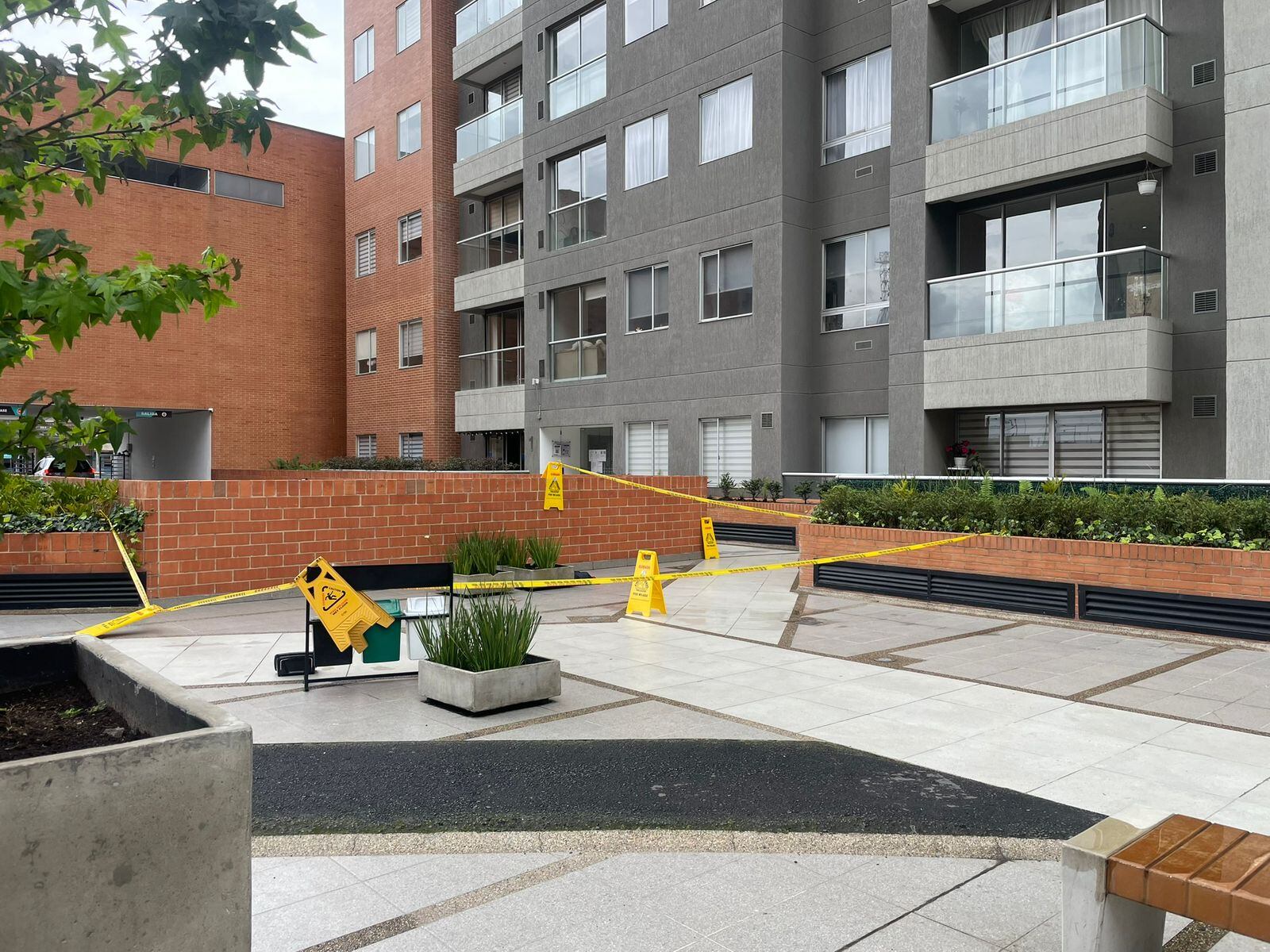 Zona donde cayó Tonny, perro que fue lanzado desde un piso 25, después del levantamiento del cuerpo.