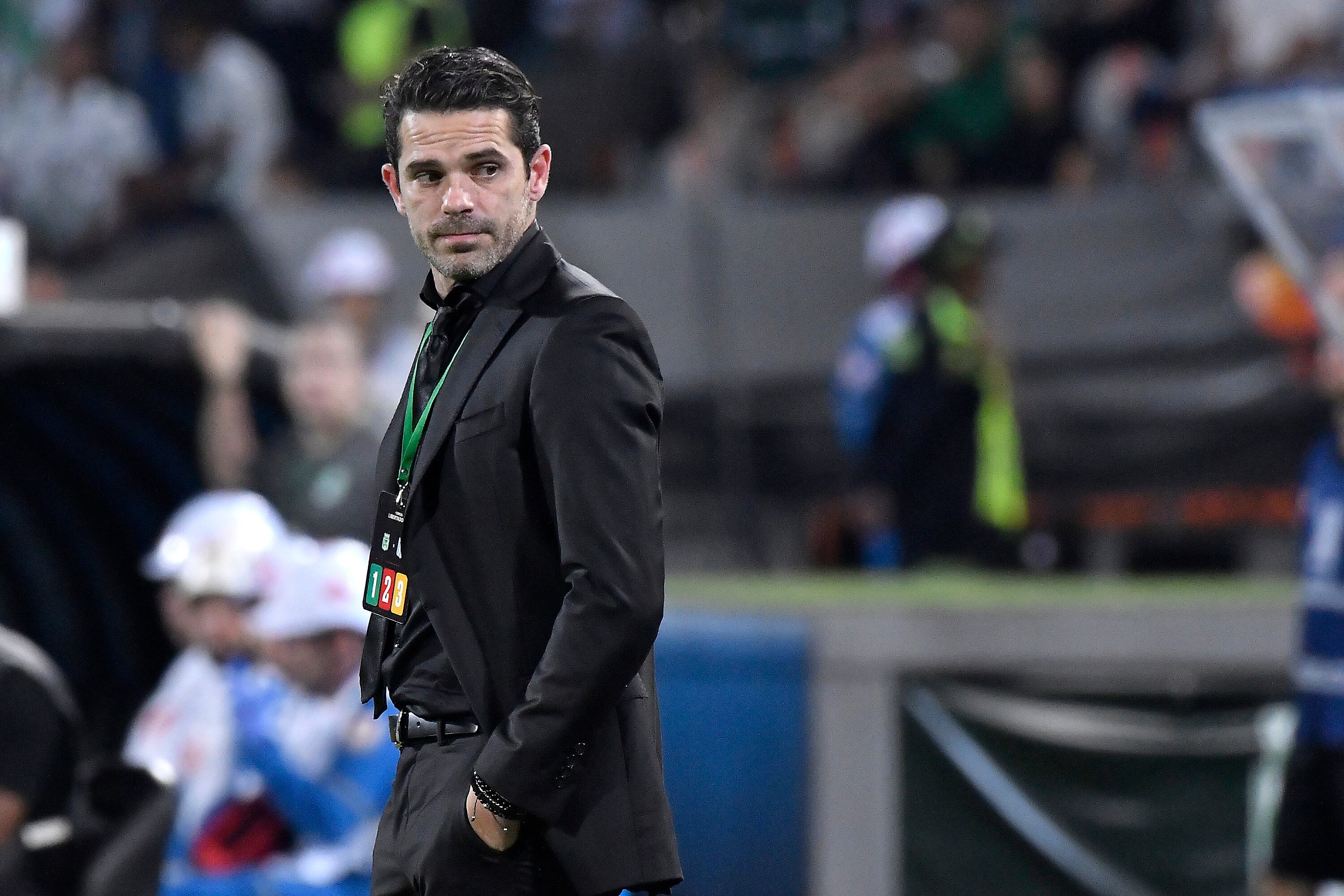 MEDELLIN, COLOMBIA - AUGUST 03: Fernando Gago head coach of Racing Club looks on during a Copa CONMEBOL Libertadores 2023 round of sixteen first leg match between Atletico Nacional and Racing Club at Estadio Atanasio Girardot on August 03, 2023 in Medellin, Colombia. (Photo by Gabriel Aponte/Getty Images)