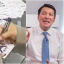 Hernán Penagos Giraldo, registrador nacional del Estado Civil, el 18 de junio de 2026, en Bogotá. En el centro, la imagen del video sobre votos marcados, que suscitó controversia