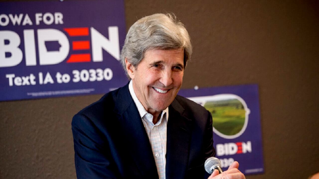 FILE - In this Jan. 9, 2020, file photo former Secretary of State John Kerry smiles while speaking at a campaign stop to support Democratic presidential candidate former Vice President Joe Biden at the Biden for President Fort Dodge Office in Fort Dodge, Iowa. (AP Photo/Andrew Harnik, File)