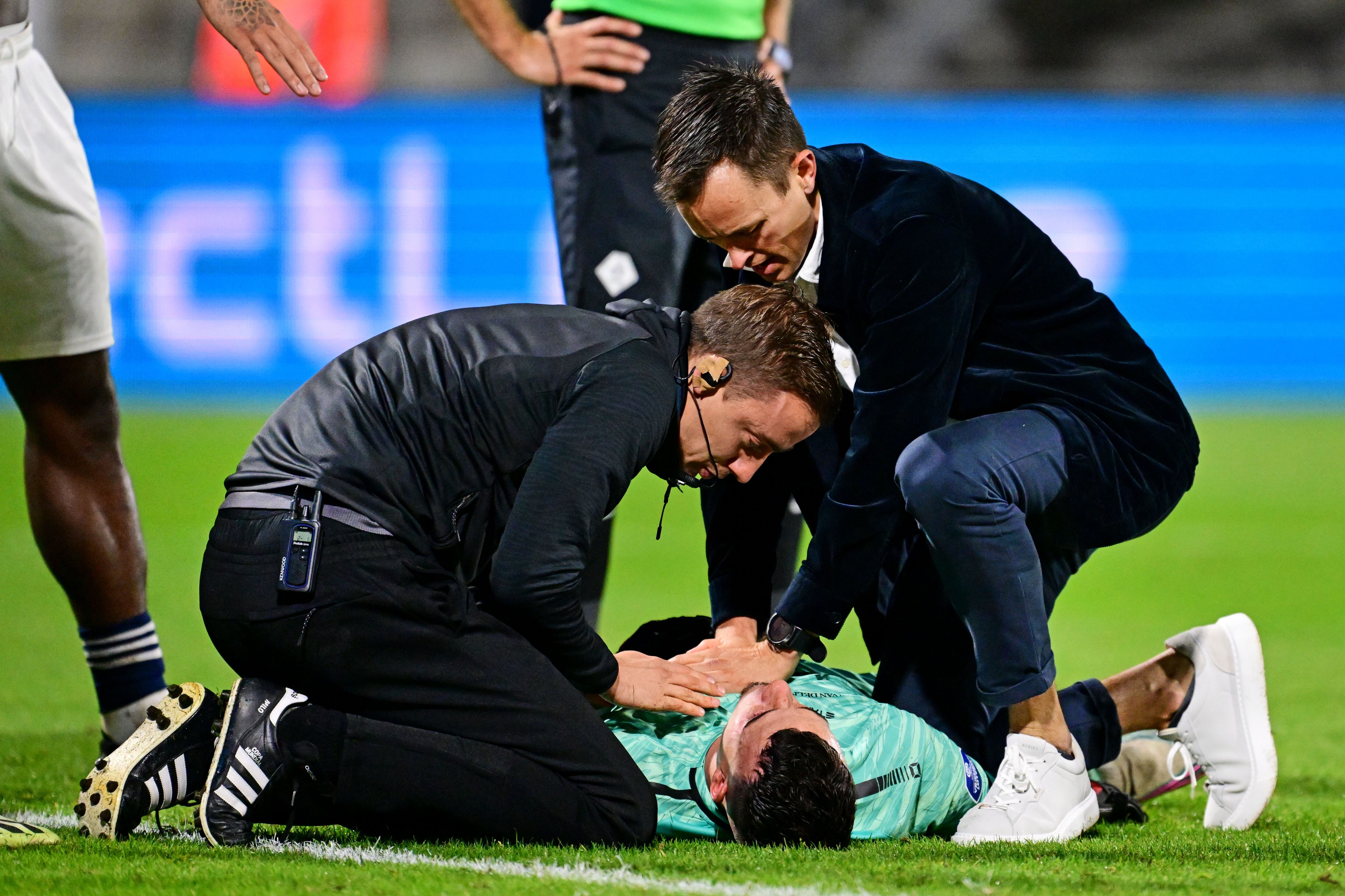 WAALWIJK - Etienne Vaassen of RKC had a hard collision with Brian Brobbey of Ajax and was resuscitated during the Dutch Eredivisie match between RKC Waalwijk and Ajax Amsterdam at the Mandemakers Stadium on September 30, 2023 in Waalwijk, the Netherlands. ANP OLAF KRAAK (Photo by ANP via Getty Images)