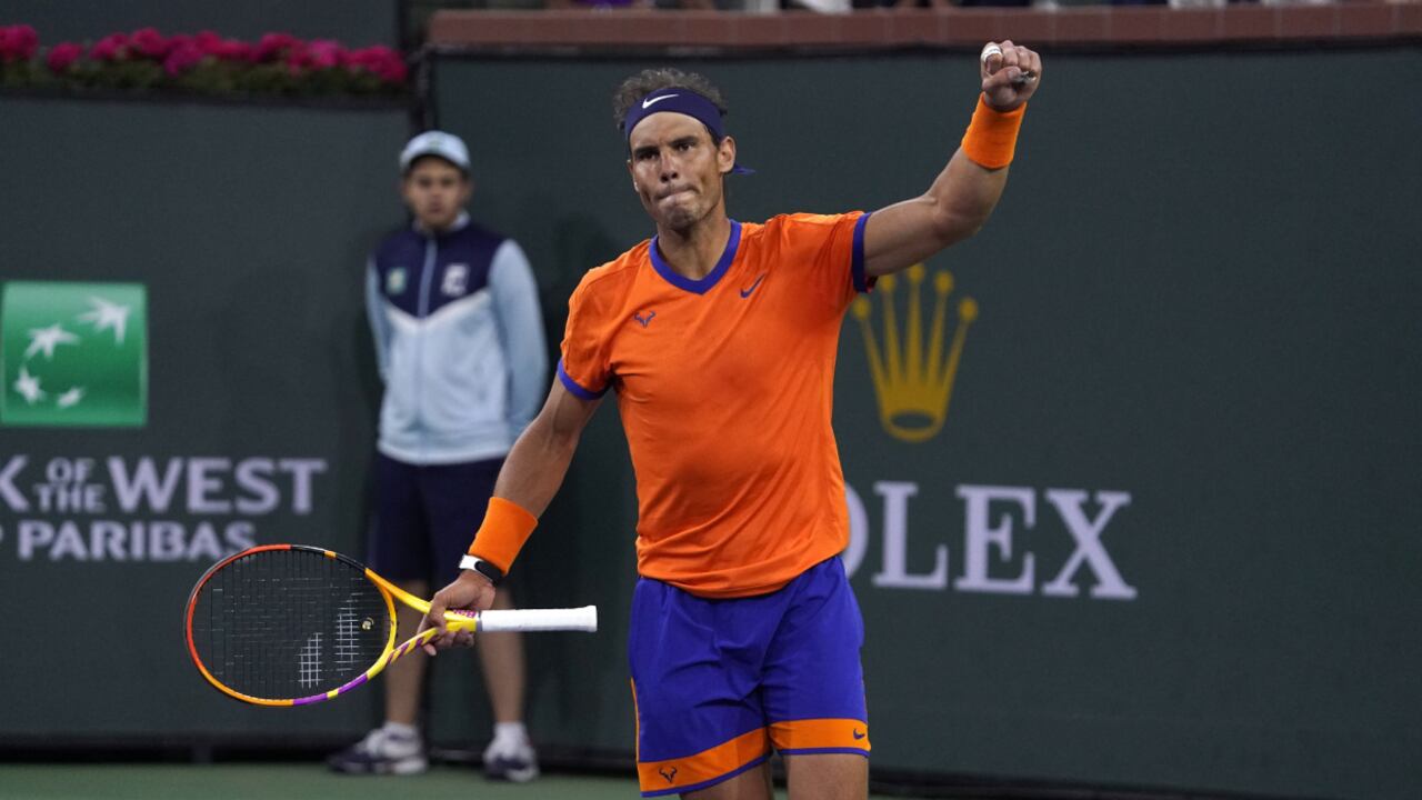 Rafael Nadal, of Spain, reacts after defeating Carlos Alcaraz, of Spain, during the men's singles semifinals at the BNP Paribas Open tennis tournament Saturday, March 19, 2022, in Indian Wells, Calif. Nadal won 6-4, 4-6, 6-3. (AP/Mark J. Terrill)