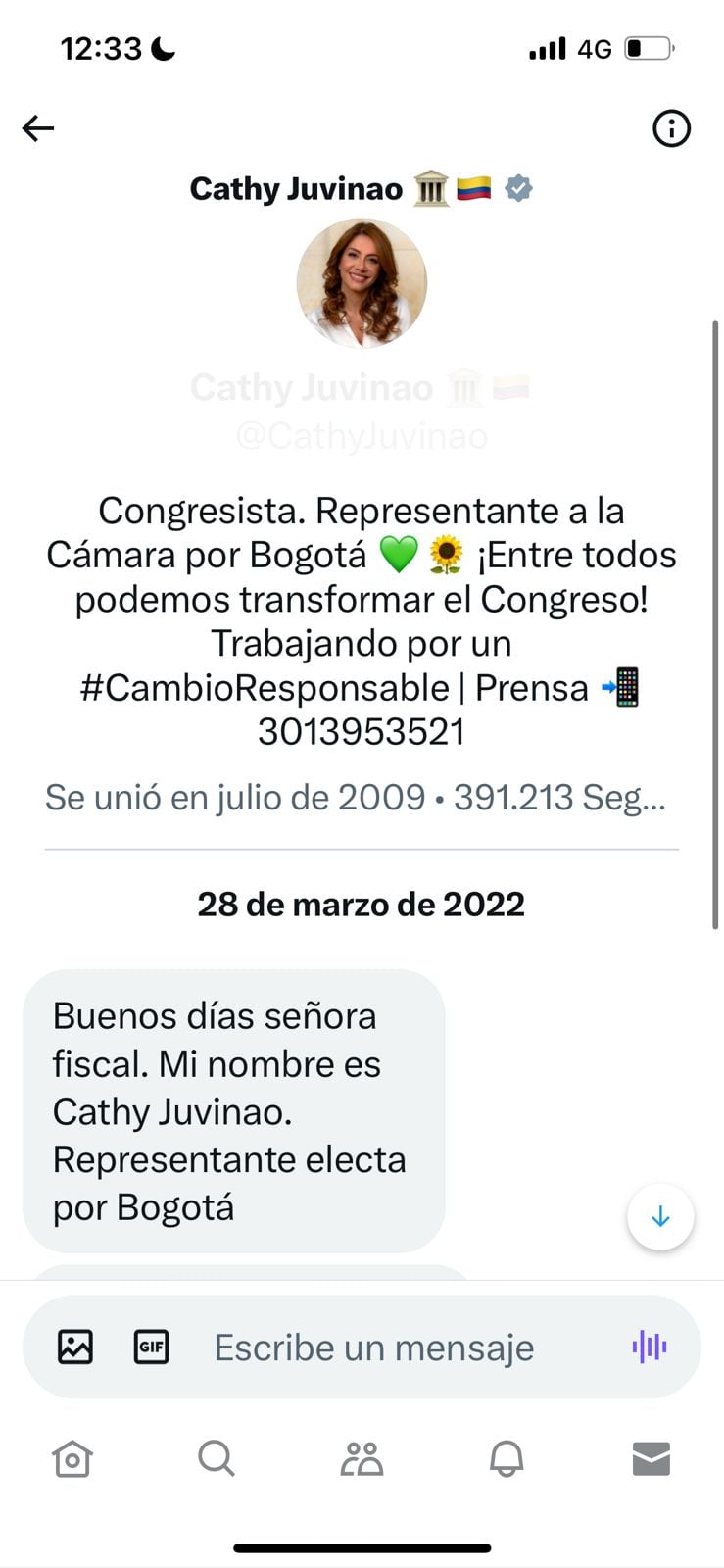 Este es el primer mensaje que Catherine Juvinao le envió a la fiscal Angélica Monsalve.