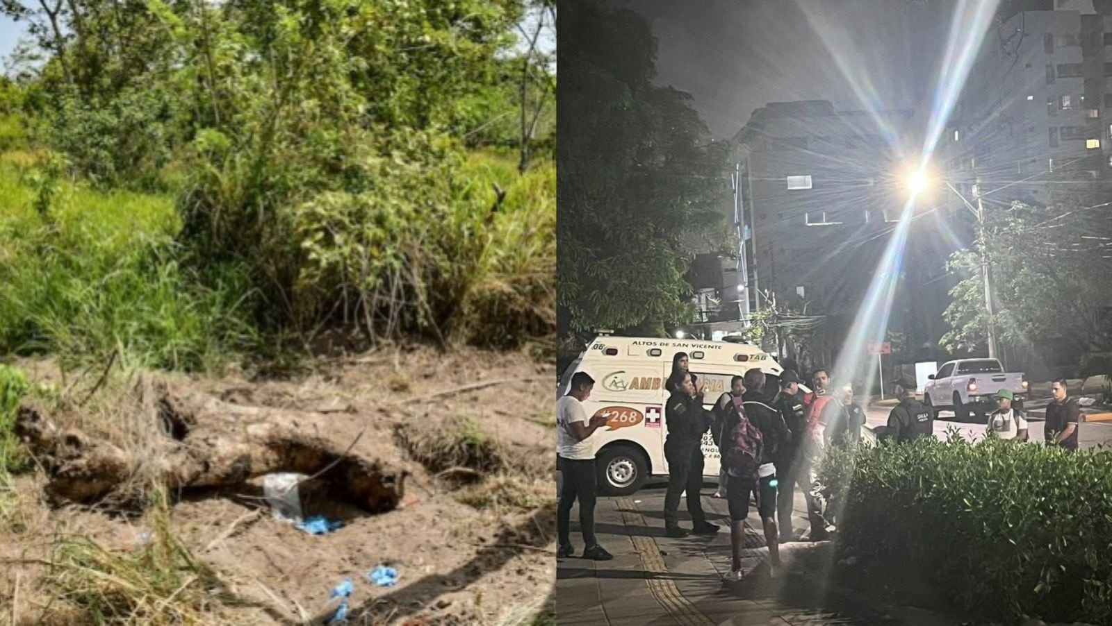 Sitio donde hallaron los cuerpos sin vida y afueras de la clínica donde se registraron las capturas.