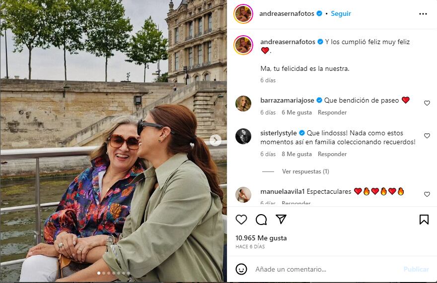 Andrea Serna festejó el cumpleaños de su mamá en París.