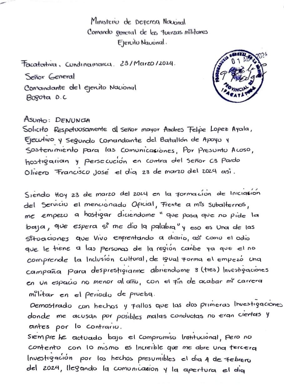 Esta es la carta que escribió el suboficial tres meses antes de su muerte