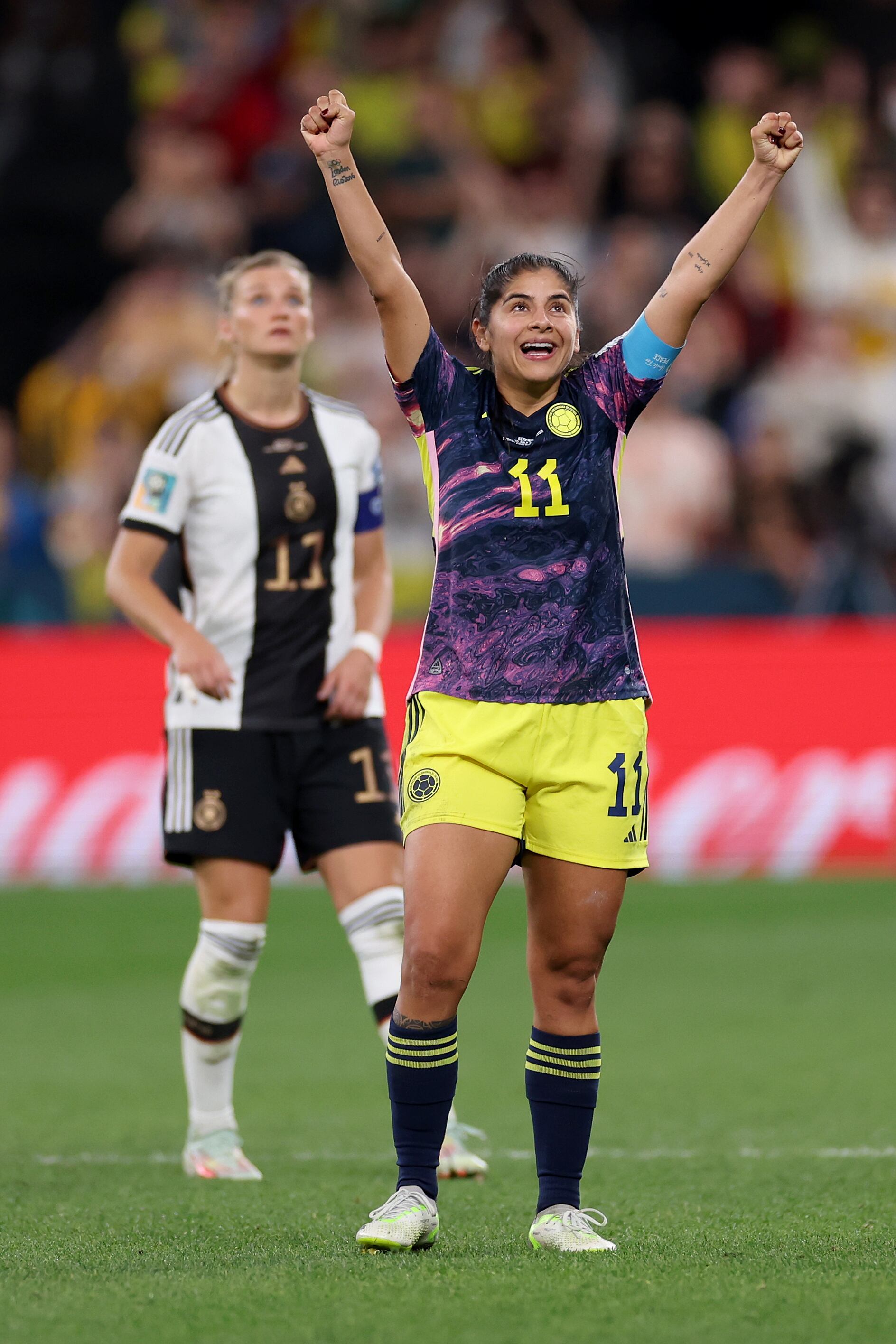 SYDNEY, AUSTRALIA - JULY 30: Catalina Usme of Colombia celebrates her team's 2-1 victory in the FIFA Women's World Cup Australia & New Zealand 2023 Group H match between Germany and Colombia at Sydney Football Stadium on July 30, 2023 in Sydney, Australia. (Photo by Cameron Spencer/Getty Images)