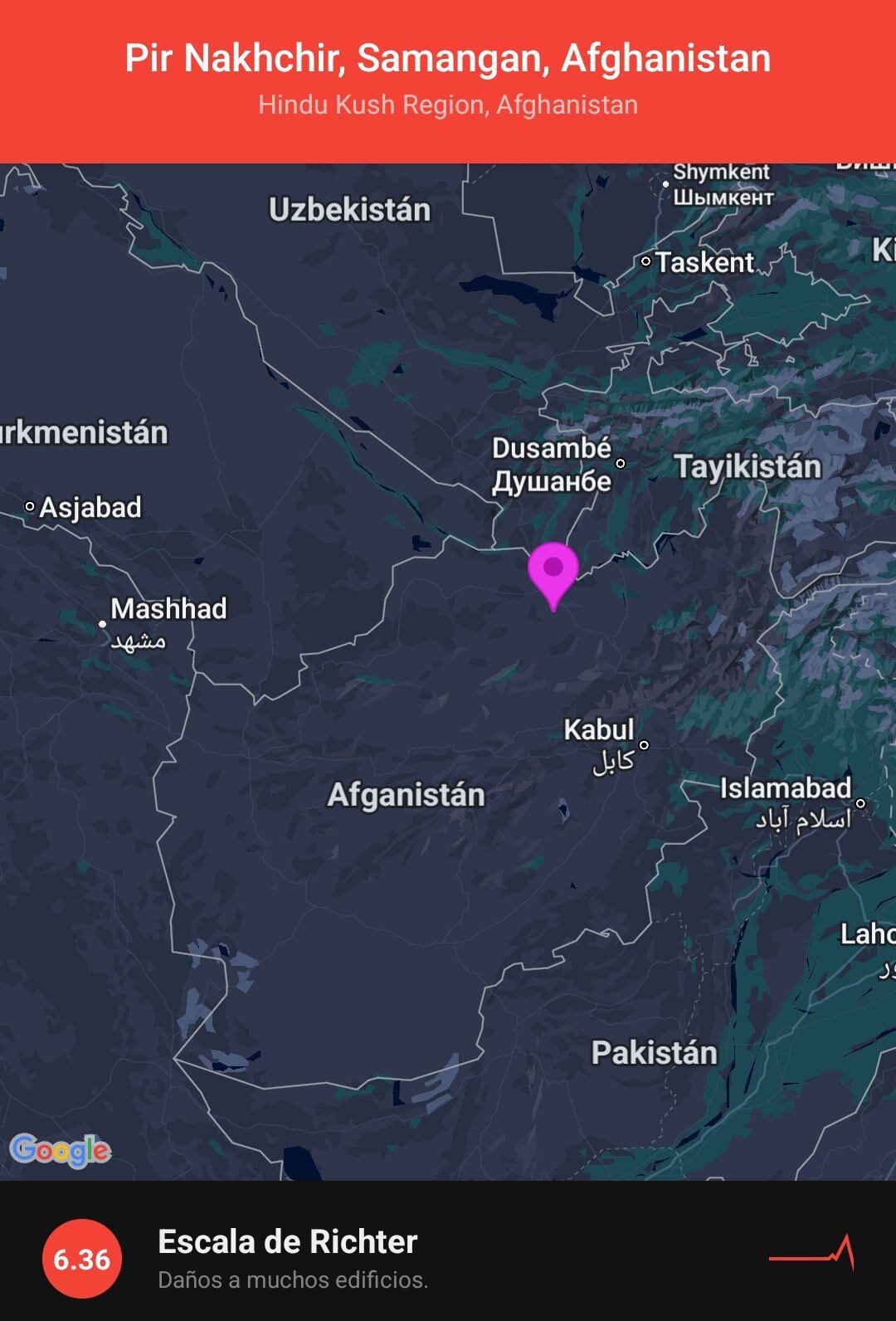Ubicación del sismo ocurrido en Afganistán