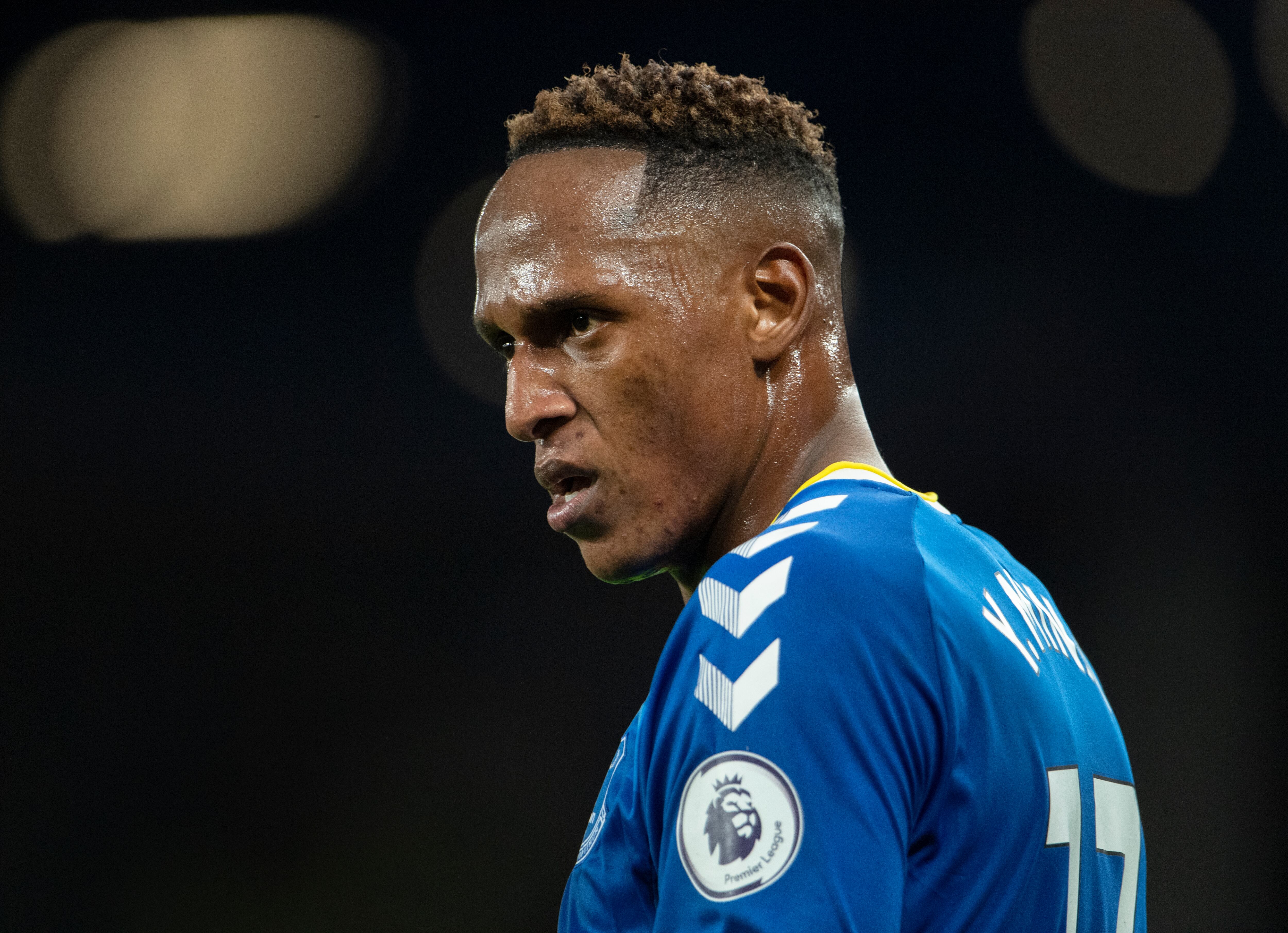 LIVERPOOL, ENGLAND - SEPTEMBER 13: Yerry Mina of Everton during the Premier League match between Everton  and  Burnley at Goodison Park on September 11, 2021 in Liverpool, England. (Photo by Visionhaus/Getty Images)