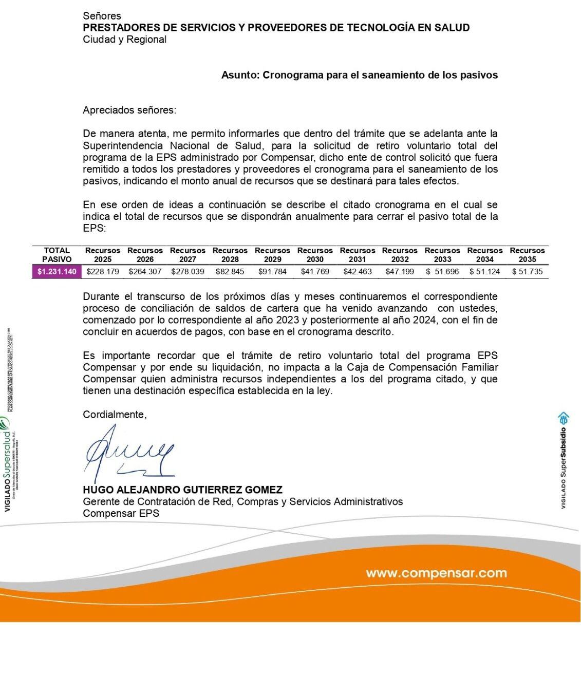 La carta de Compensar a sus proveedores