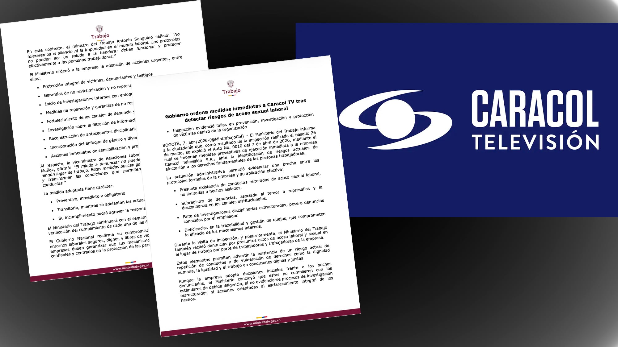 Ministerio del Trabajo informa resultado de visita a Caracol Televisión en  medio de denuncias por presunto acoso sexual - Semana