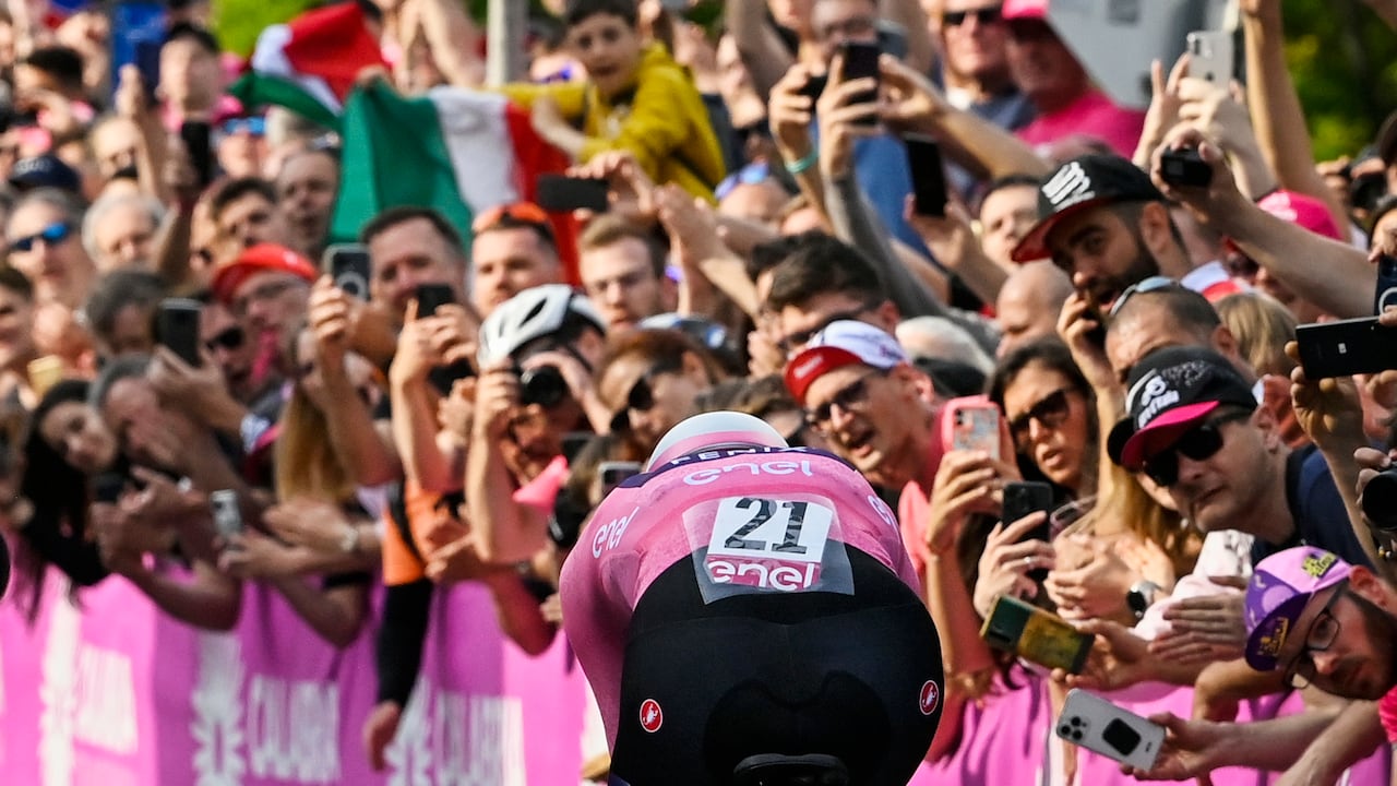 Dutch rider Mathieu van der Poel pedals during the second stage of the Giro d’Italia cycling race, an individual time trial in Budapest, Hungary, Saturday, May 7, 2022. (Fabio Ferrari /LaPresse via AP)