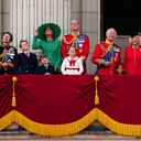 From left, Britain's Princess Anne, Prince George, Kate, Princess of Wales, Prince Louis, Prince William, Princess Charlotte, King Charles III, Queen Camilla, Prince Edward and Sophie, Duchess of Edinburgh view the flypast from the balcony of Buckingham Palace following the Trooping the Colour ceremony in central London, Saturday June 17, 2023. (Victoria Jones/PA via AP)