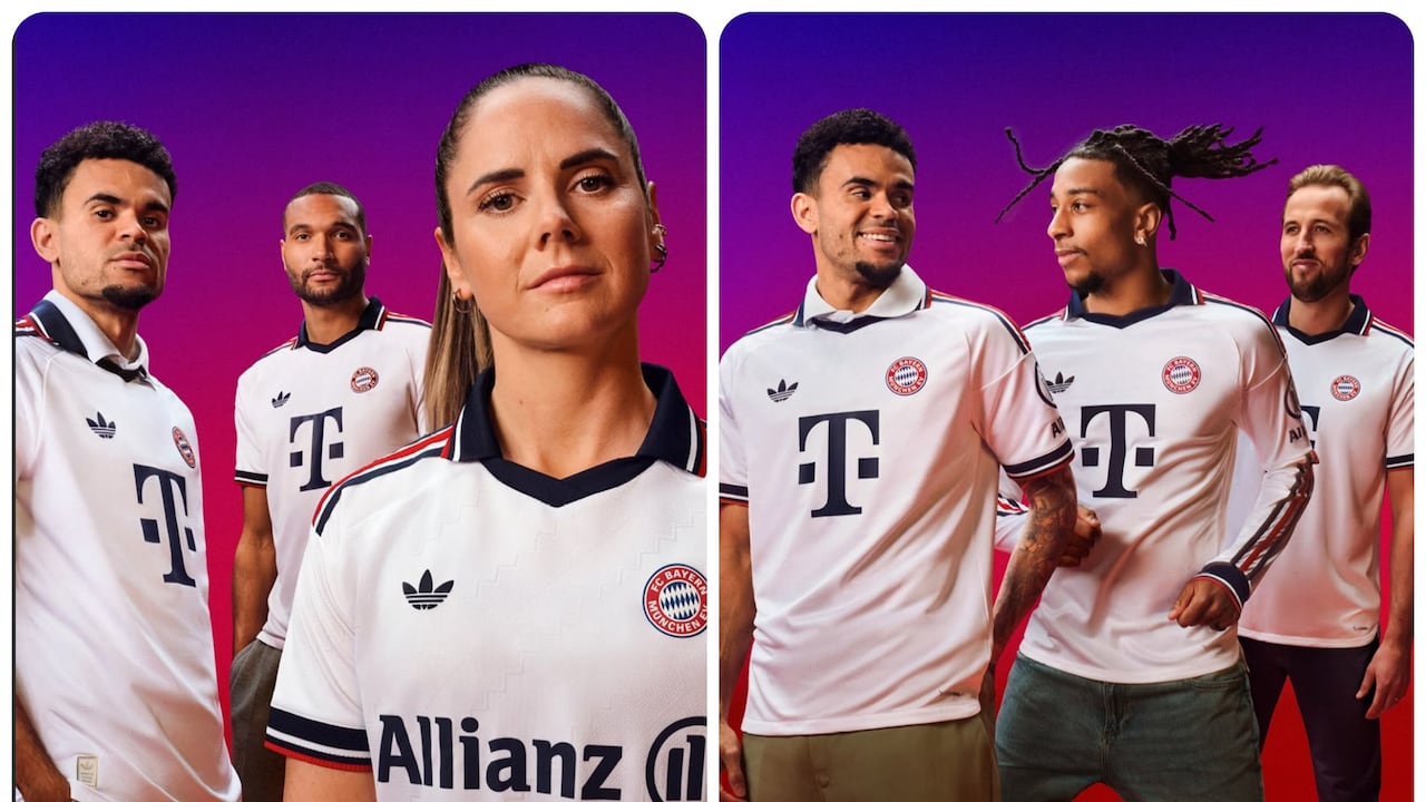 Presentación de la nueva camiseta del Bayern Múnich. (De izquierda a derecha: Luis Díaz, Jonathan Tah, Sarah Zadrazil, Luis Díaz, Michael Olise y Harry Kane)