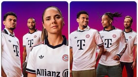 Presentación de la nueva camiseta del Bayern Múnich. (De izquierda a derecha: Luis Díaz, Jonathan Tah, Sarah Zadrazil, Luis Díaz, Michael Olise y Harry Kane)