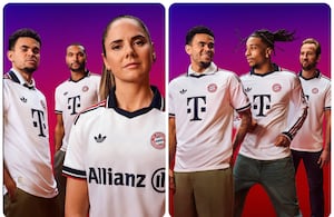 Presentación de la nueva camiseta del Bayern Múnich. (De izquierda a derecha: Luis Díaz, Jonathan Tah, Sarah Zadrazil, Luis Díaz, Michael Olise y Harry Kane)