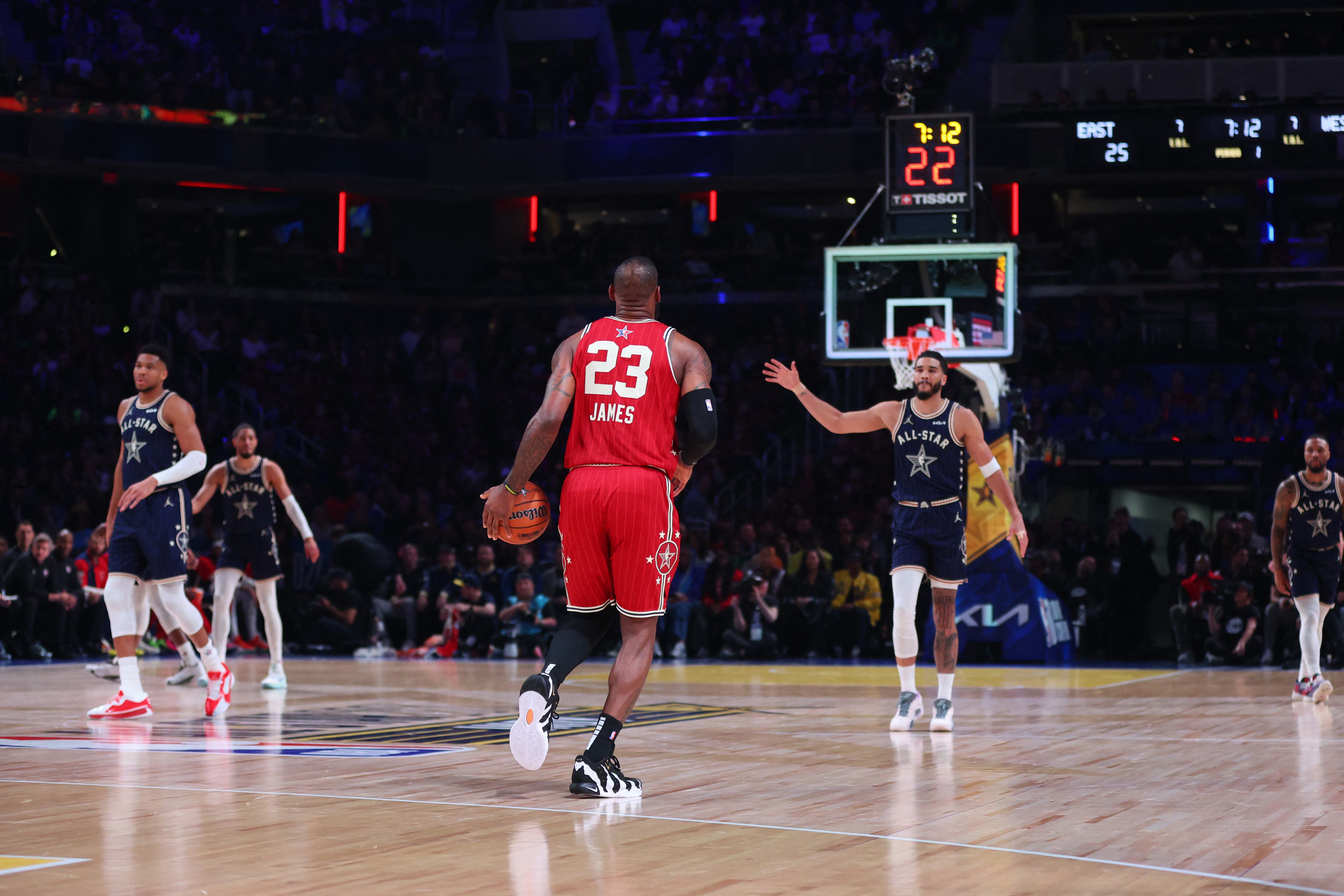 INDIANAPOLIS, INDIANA - FEBRUARY 18: LeBron James #23 of the Los Angeles Lakers and Western Conference All-Stars dribbles the ball against the Eastern Conference All-Stars in the first quarter during the 2024 NBA All-Star Game at Gainbridge Fieldhouse on February 18, 2024 in Indianapolis, Indiana. NOTE TO USER: User expressly acknowledges and agrees that, by downloading and or using this photograph, User is consenting to the terms and conditions of the Getty Images License Agreement.   Stacy Revere/Getty Images/AFP (Photo by Stacy Revere / GETTY IMAGES NORTH AMERICA / Getty Images via AFP)