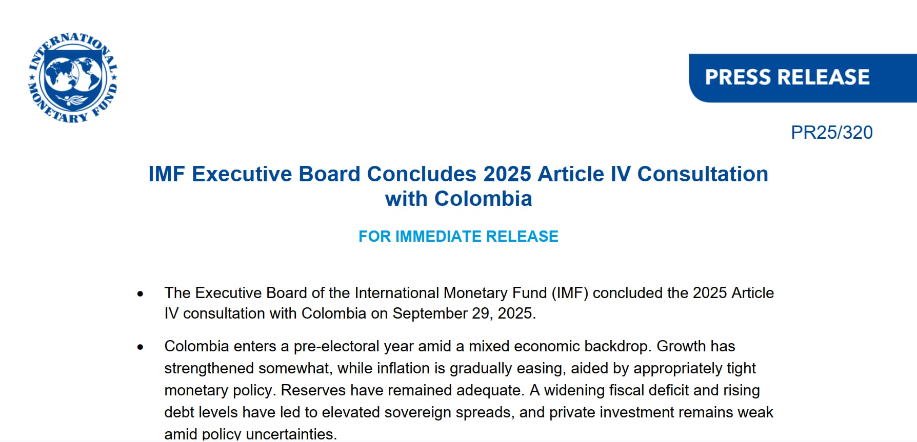 FMI destapa el informe Capítulo IV sobre Colombia