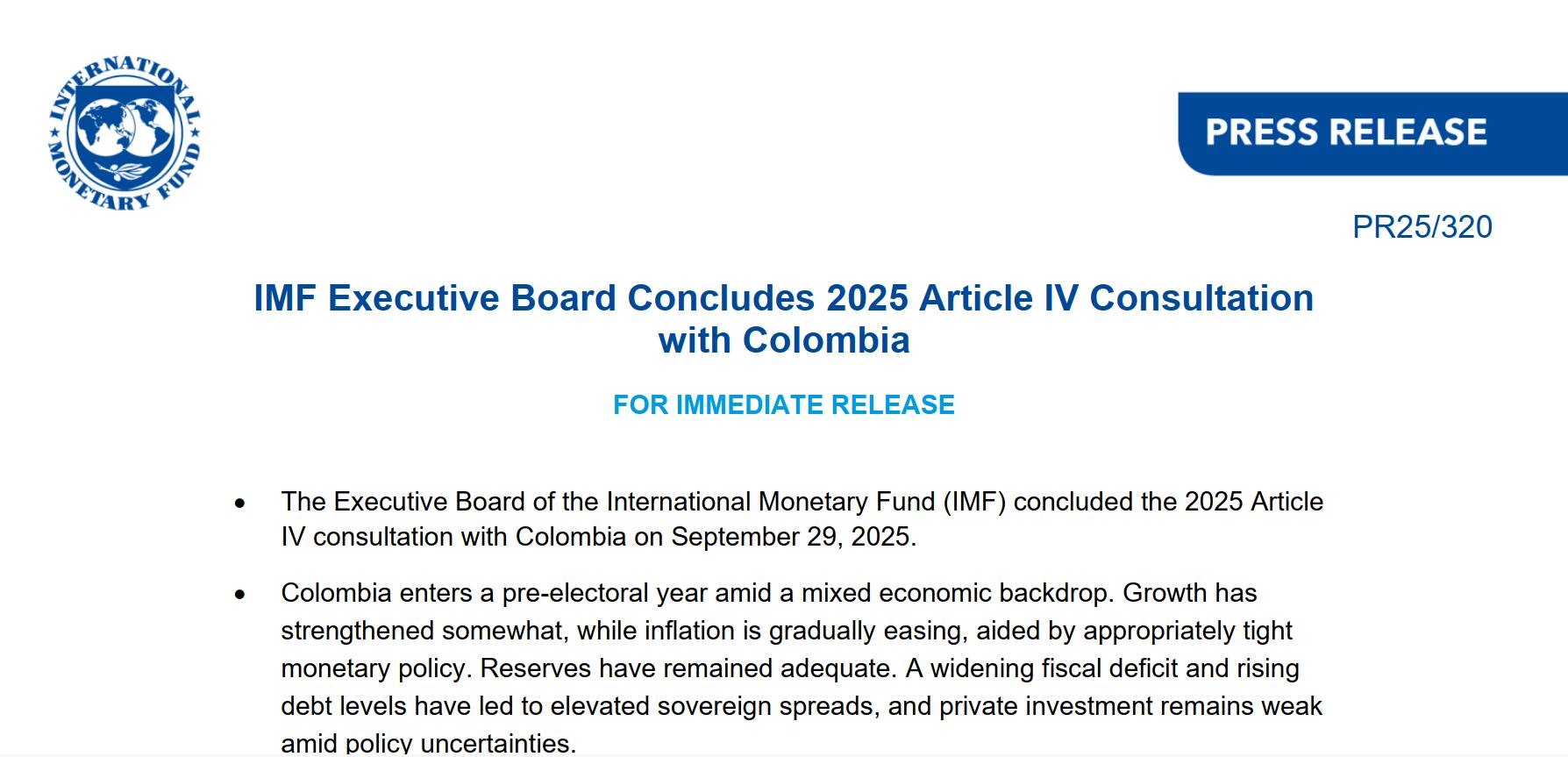 FMI destapa el informe Capítulo IV sobre Colombia