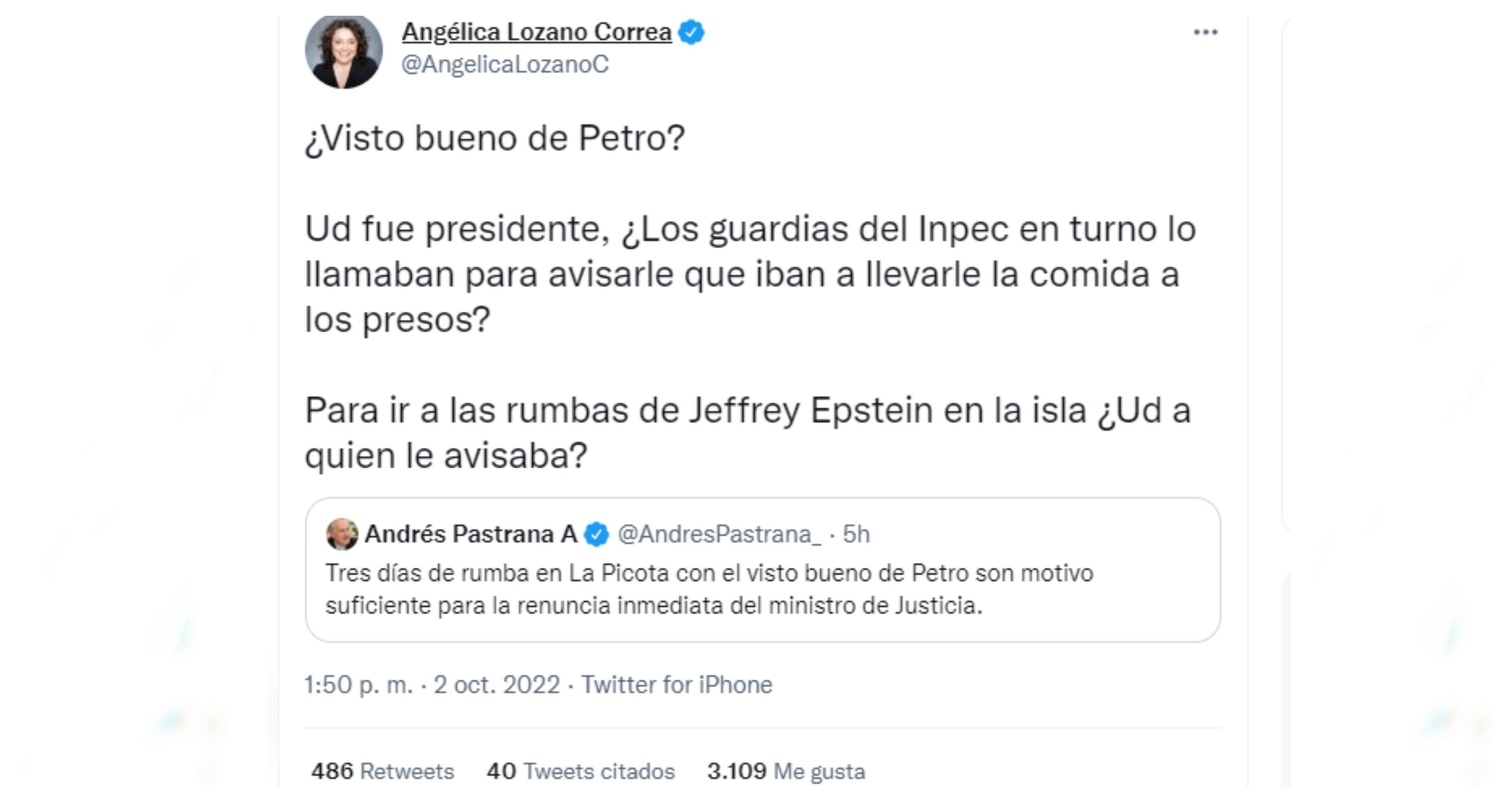 Trino de la senadora Angélica Lozano publicado el 2 de octubre de 2022.