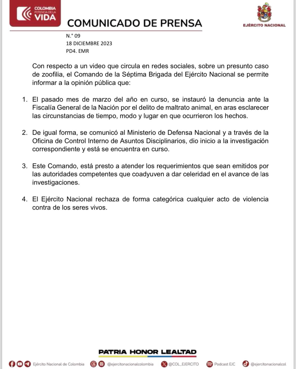 Comunicado Ejército