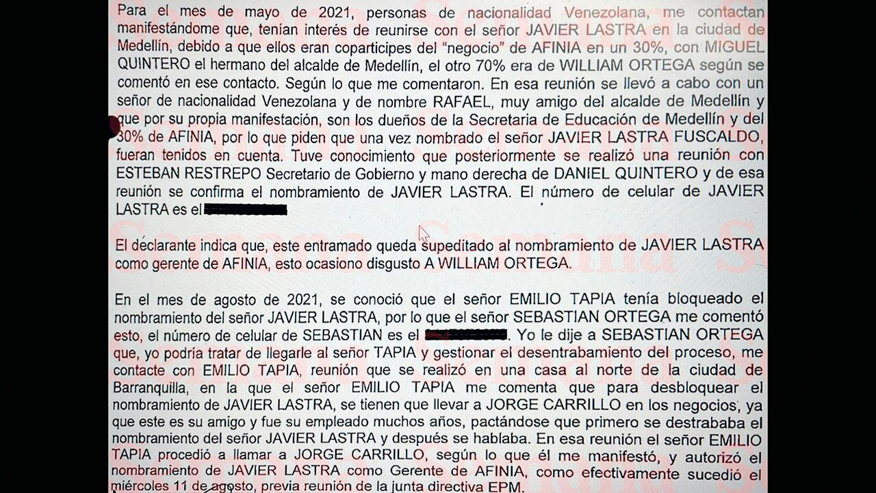 Transcripción del testimonio sobre la venta de  Afinia.