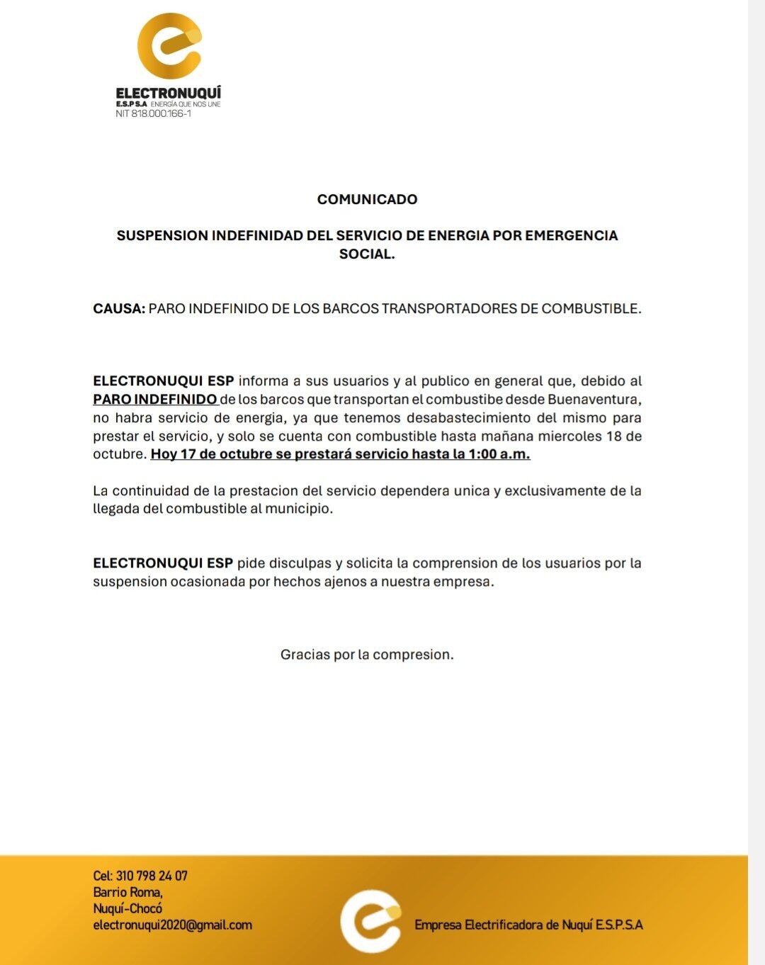 Municipios del Chocó llevan dos días sin energía; debido a paro indefinido de los barcos transportadores de combustible.