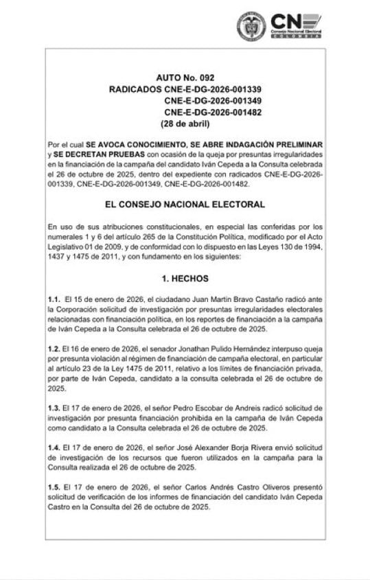 Auto del CNE que dio a conocer el concejal Juan Martín Bravo Castaño, quien radicó la solicitud ante el ente electoral para investigar las presuntas irregularidades.
