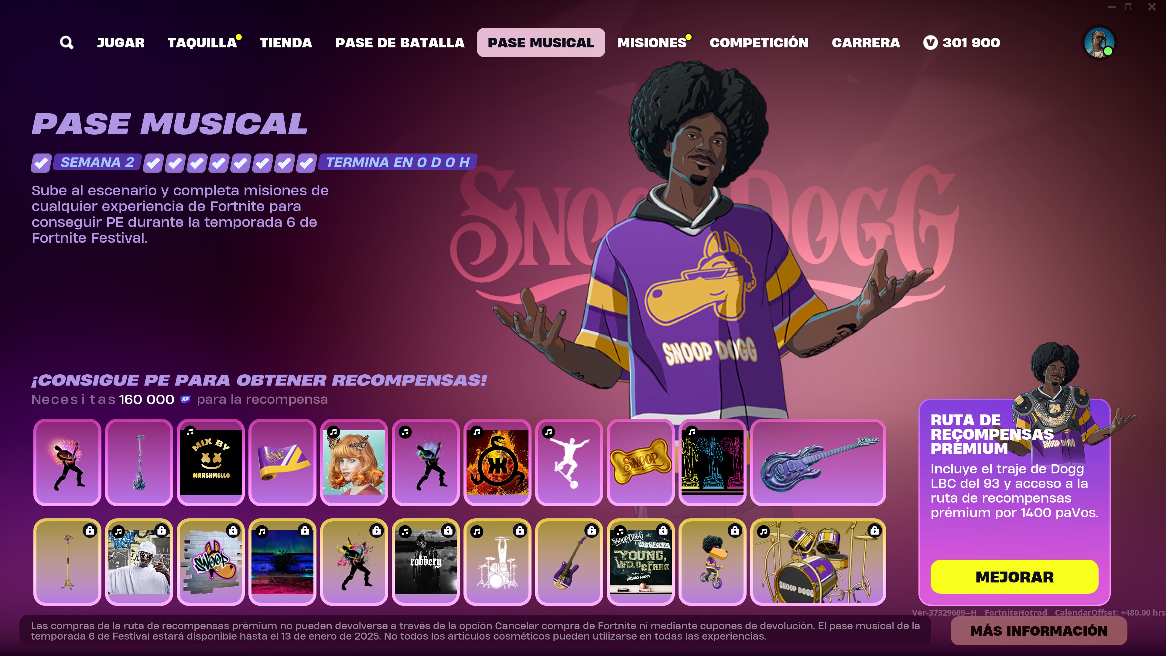 Los participantes del pase musical pueden desbloquear recompensas, incluyendo instrumentos temáticos de Snoop Dogg y la popular pista "Young, Wild & Free".