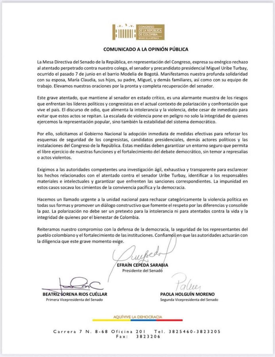 Pronunciamiento de la Mesa Directiva del Senado por el atentado a Miguel Uribe Turbay.