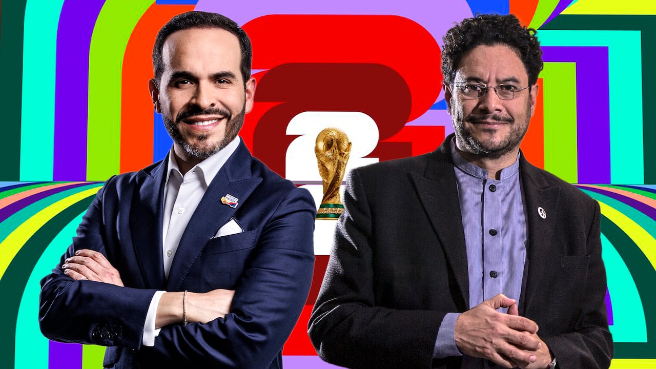 Abelardo de la Espriella e Iván Cepeda, candidatos presidenciales. Atrás, la imagen oficial del Mundial United 2026