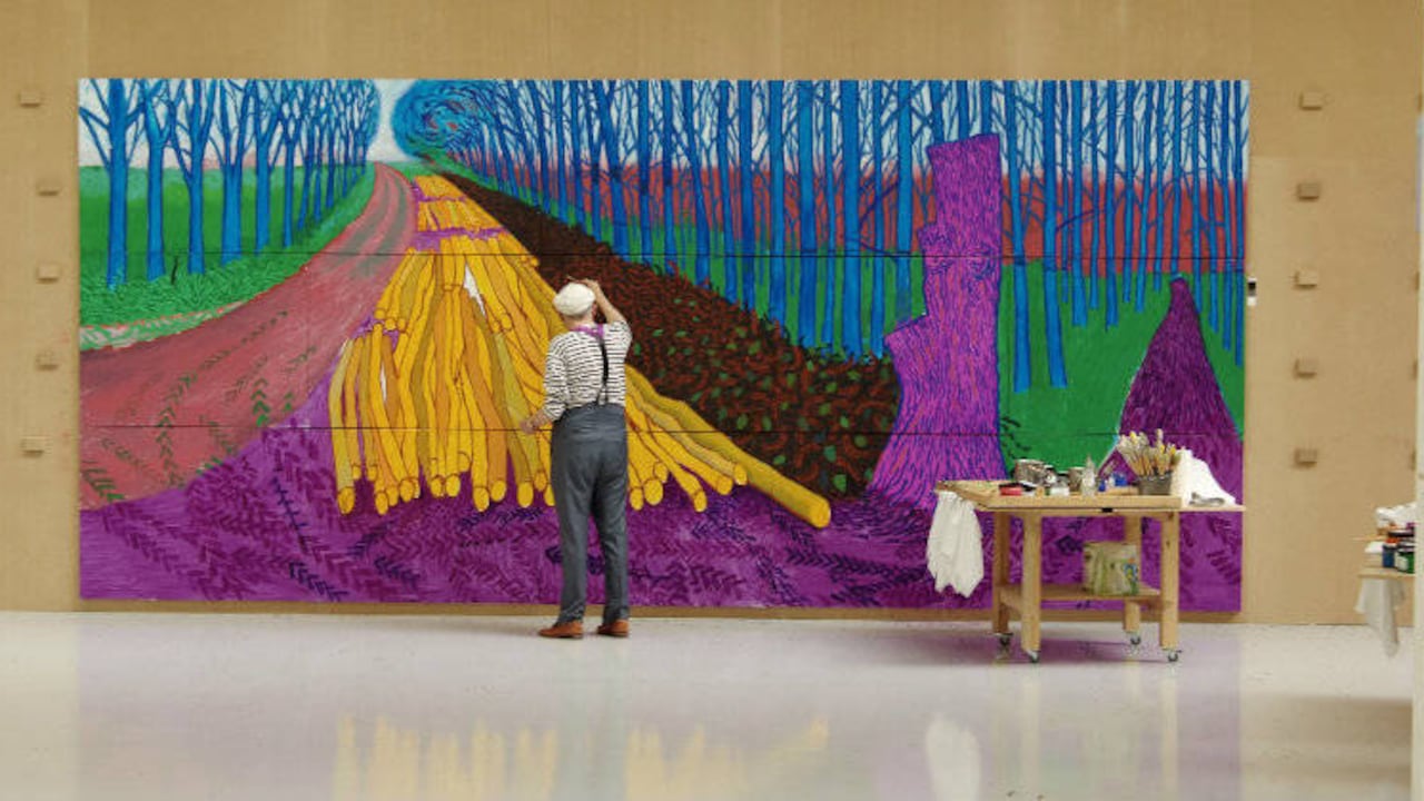 David Hockney pintando 'Madera de invierno' en Bridlington en julio de 2009. Foto crédito: Jean-Pierre Gonçalves de Lima