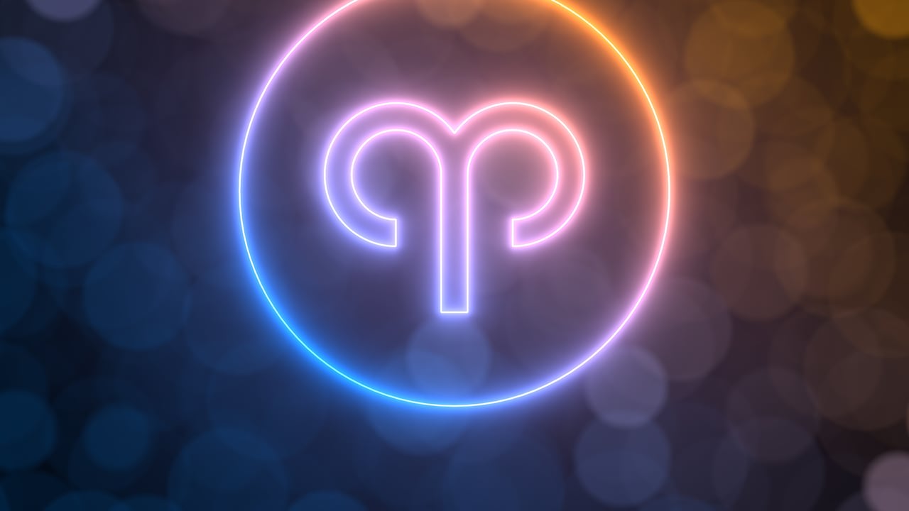 glowing neon sign of Aries with blurred bokeh background. suitable for zodiac, fate, religion, light and energy themes. 3d illustration