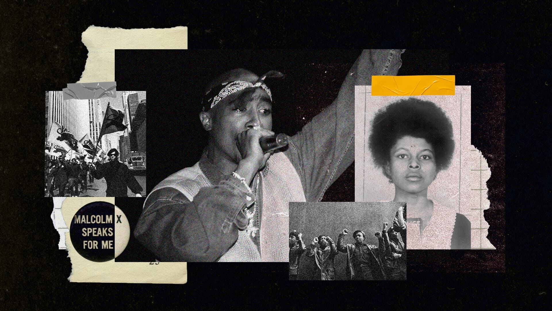 Graffiti o ilustración urbana de Tupac Shakur en mural con tonos sepia y letras en árabe.