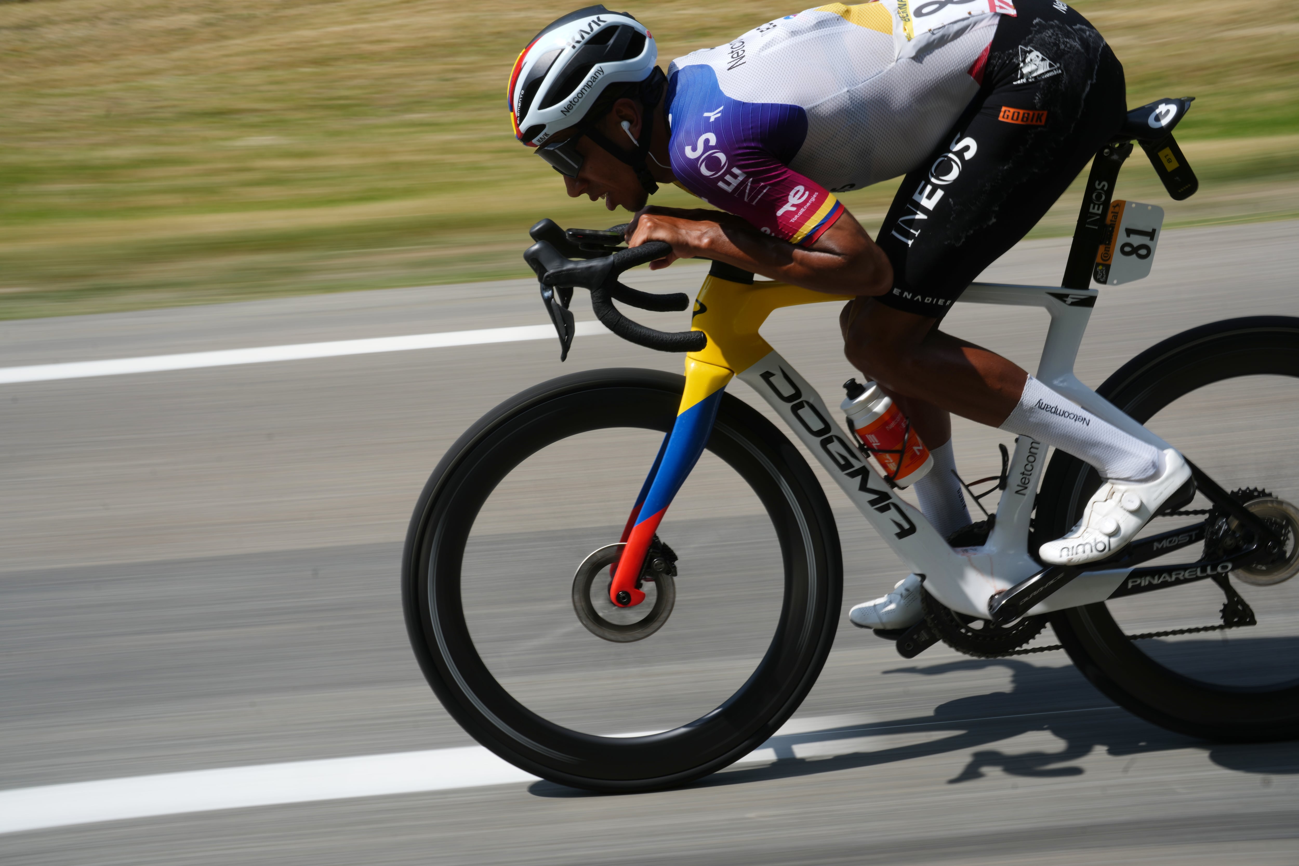 Colombia's Egan Bernal speeds down during the sixth stage of the Tour de France cycling race with start in Pau and finish in Gavarnie-Gedre, France, Thursday, July 9, 2026. (AP Photo/Thibault Camus)