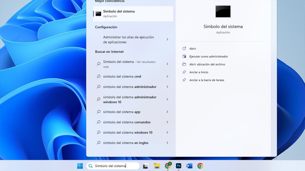 Para acceder a la aplicación de 'Símbolo del sistema' se puede usar la barra de búsqueda de Windows.