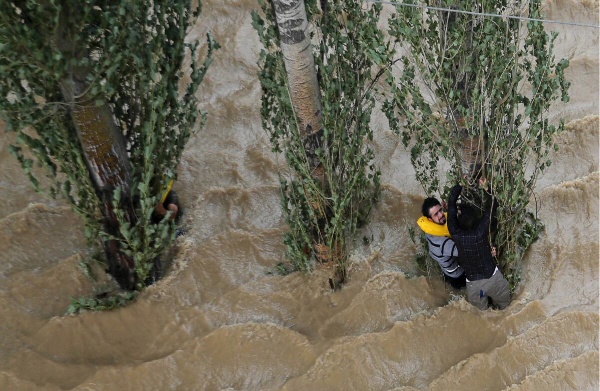 Dos hombres se agarran a un árbol para evitar ser arrastrados por las corrientes en Srinagar, India. El número de muertos por inundaciones en el país ascendió a 400 este martes. (AP)