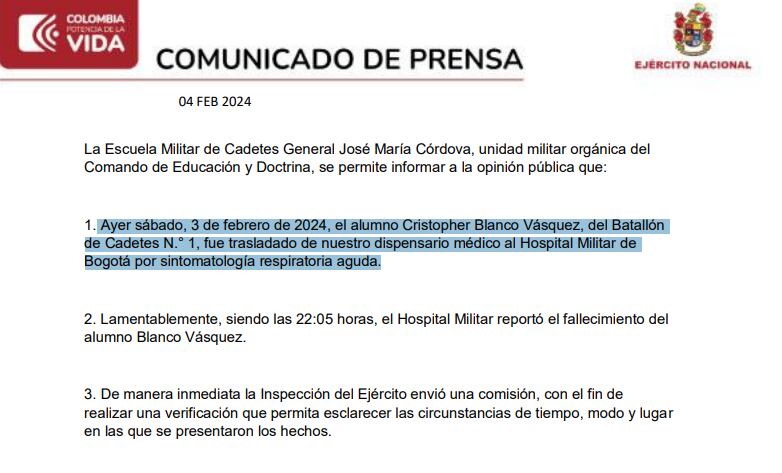 Pronunciamiento del Ejército sobre la muerte de un cadete, al parecer, por gripa.