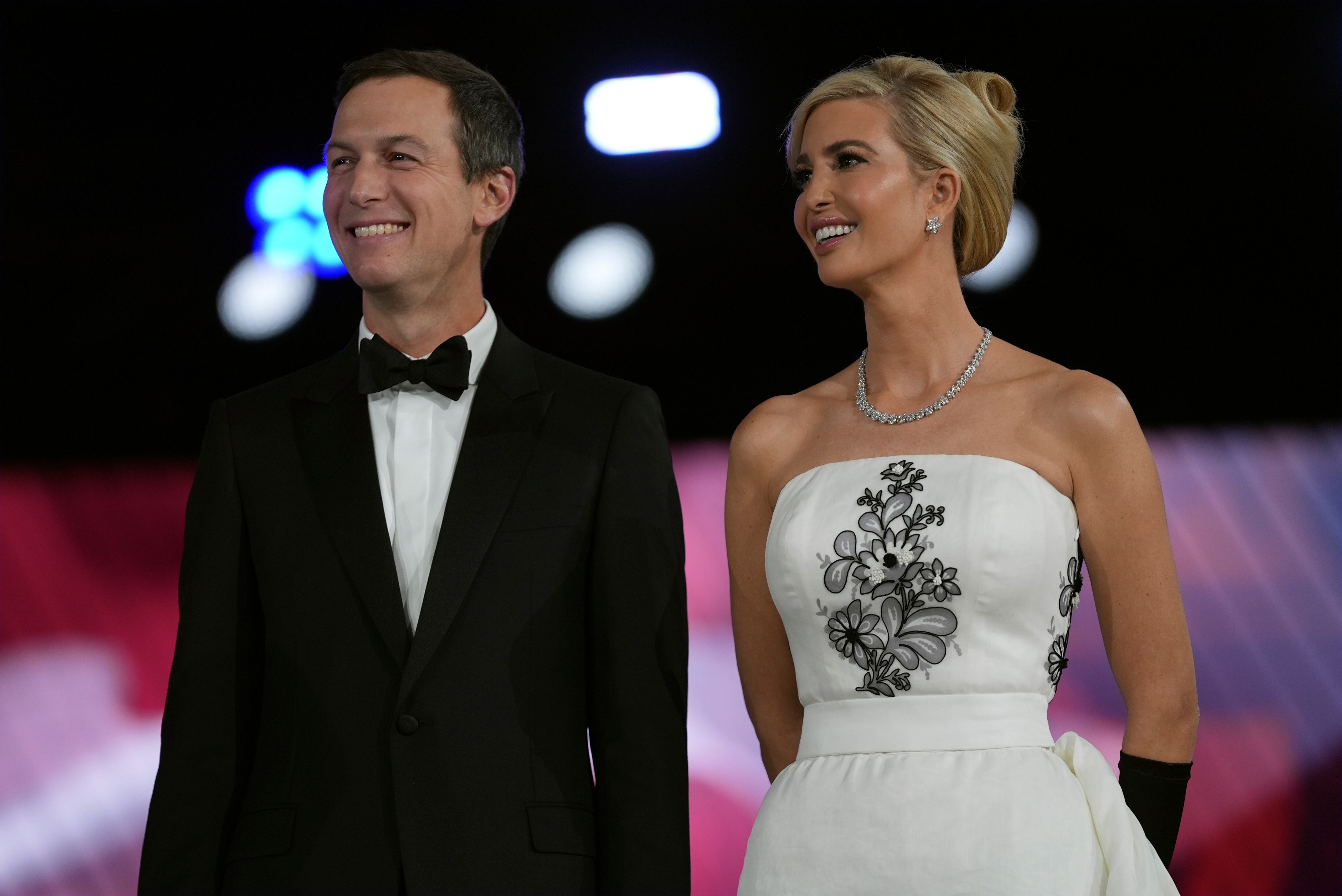 Jared Kushner and Ivanka Trump listen as President Donald Trump speaks at the Liberty Ball, part of the 60th Presidential Inauguration, Monday, Jan. 20, 2025, in Washington. (AP Photo/Evan Vucci)