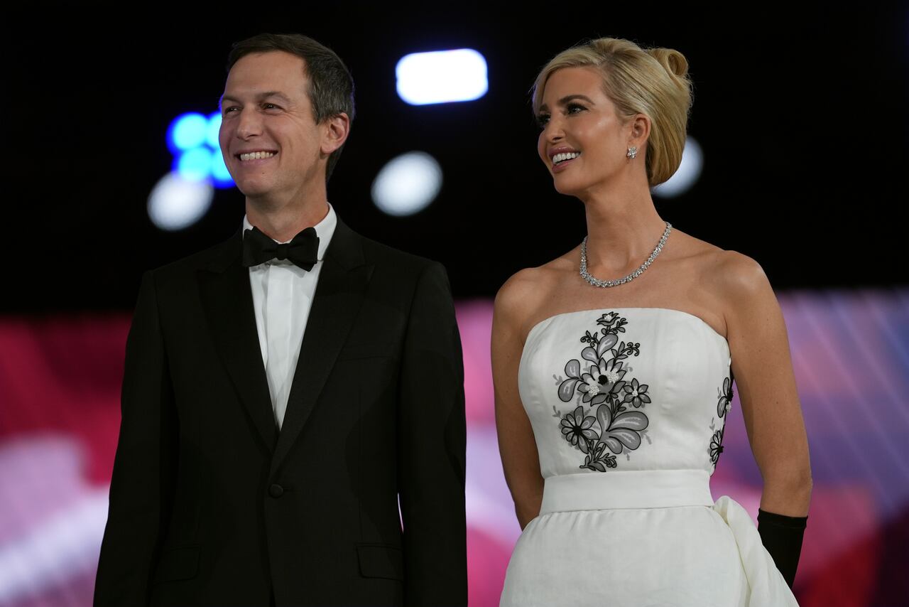 Jared Kushner and Ivanka Trump listen as President Donald Trump speaks at the Liberty Ball, part of the 60th Presidential Inauguration, Monday, Jan. 20, 2025, in Washington. (AP Photo/Evan Vucci)