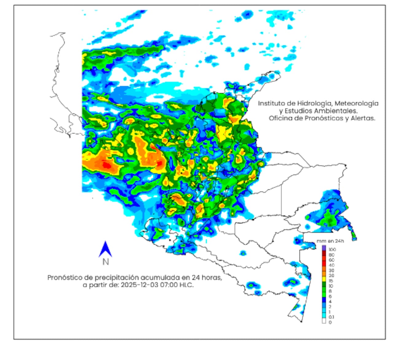 La escala de colores indica la cantidad de precipitación acumulada (en milímetros) para el 2 de diciembre de 2025