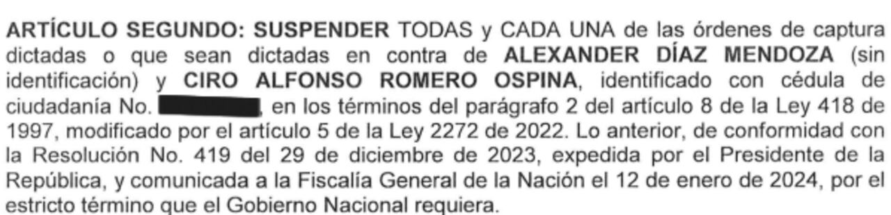 Suspensión de órdenes de captura en contra de Alexander Díaz Mendoza y Ciro Alfonso Romero Ospina.