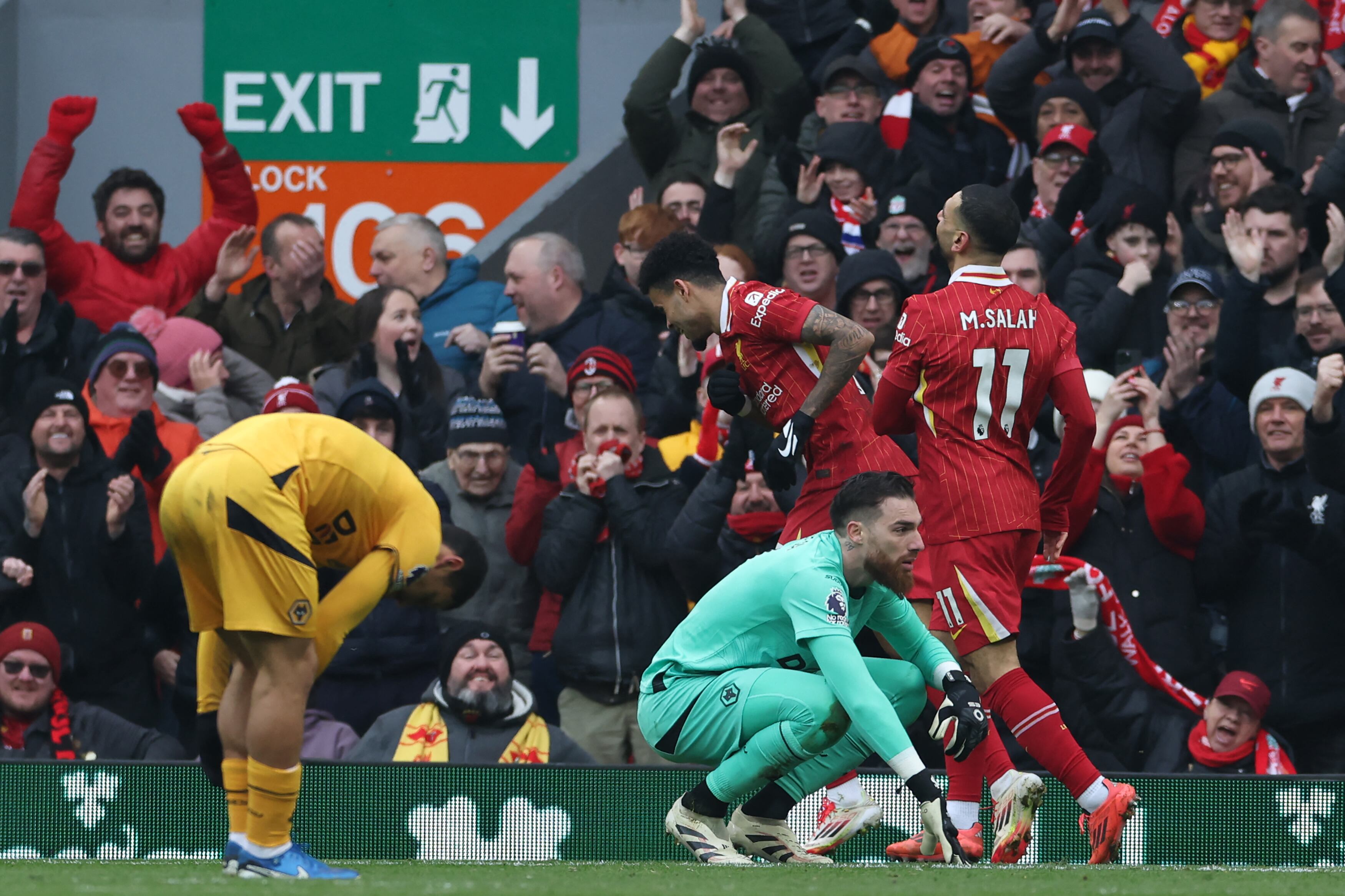 Wolverhampton Wanderers' Portuguese goalkeeper #01 Jose Sa reacts as Liverpool's Colombian midfielder #07 Luis Diaz (C) celebrates scoring the opening goal of the English Premier League football match between Liverpool and Wolverhampton Wanderers at Anfield in Liverpool, north west England on February 16, 2025. (Photo by Darren Staples / AFP) / RESTRICTED TO EDITORIAL USE. No use with unauthorized audio, video, data, fixture lists, club/league logos or 'live' services. Online in-match use limited to 120 images. An additional 40 images may be used in extra time. No video emulation. Social media in-match use limited to 120 images. An additional 40 images may be used in extra time. No use in betting publications, games or single club/league/player publications. /