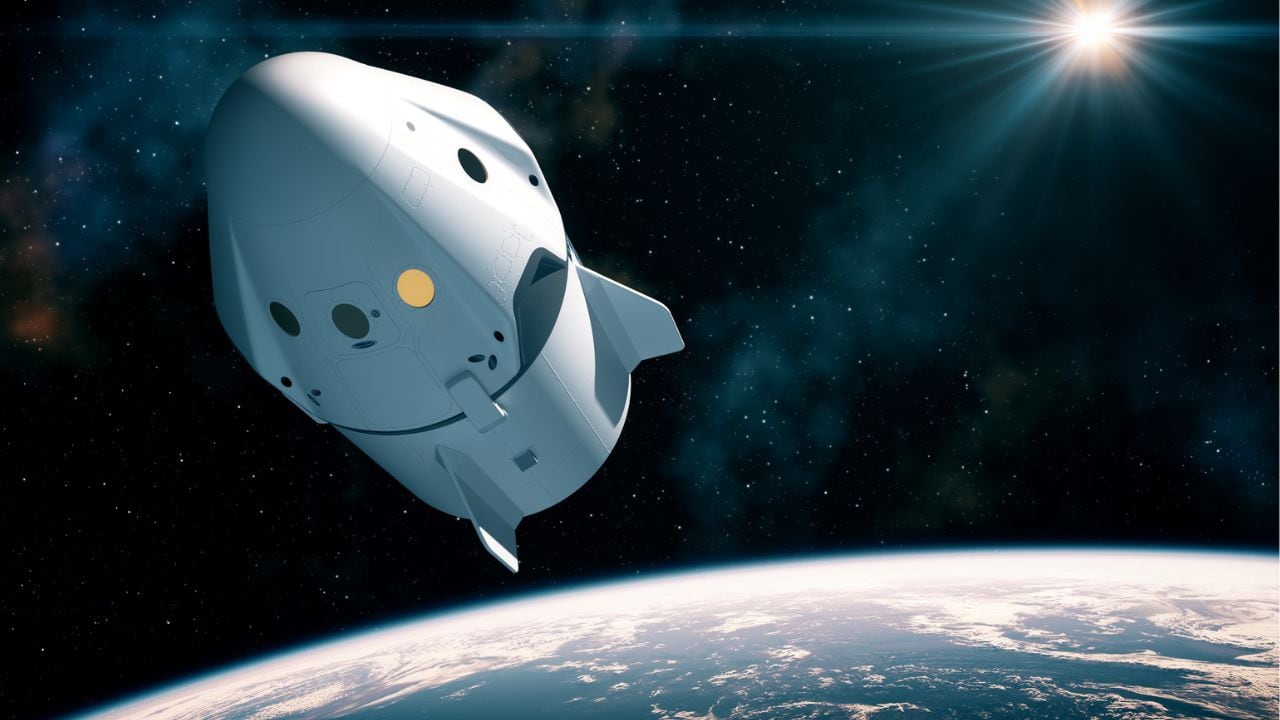 Cápsula espacial comercial orbitando el planeta Tierra.