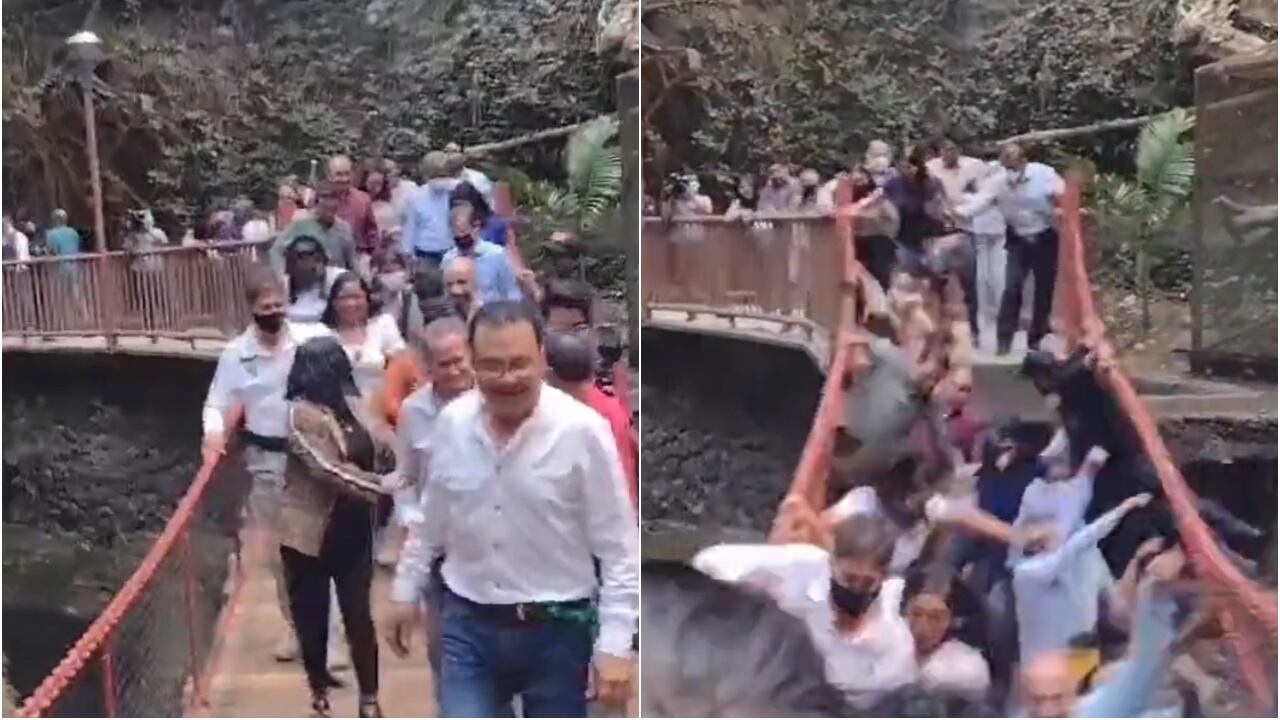Imágenes del momento en que se desploma un puente colgante en Cuernavaca, México.