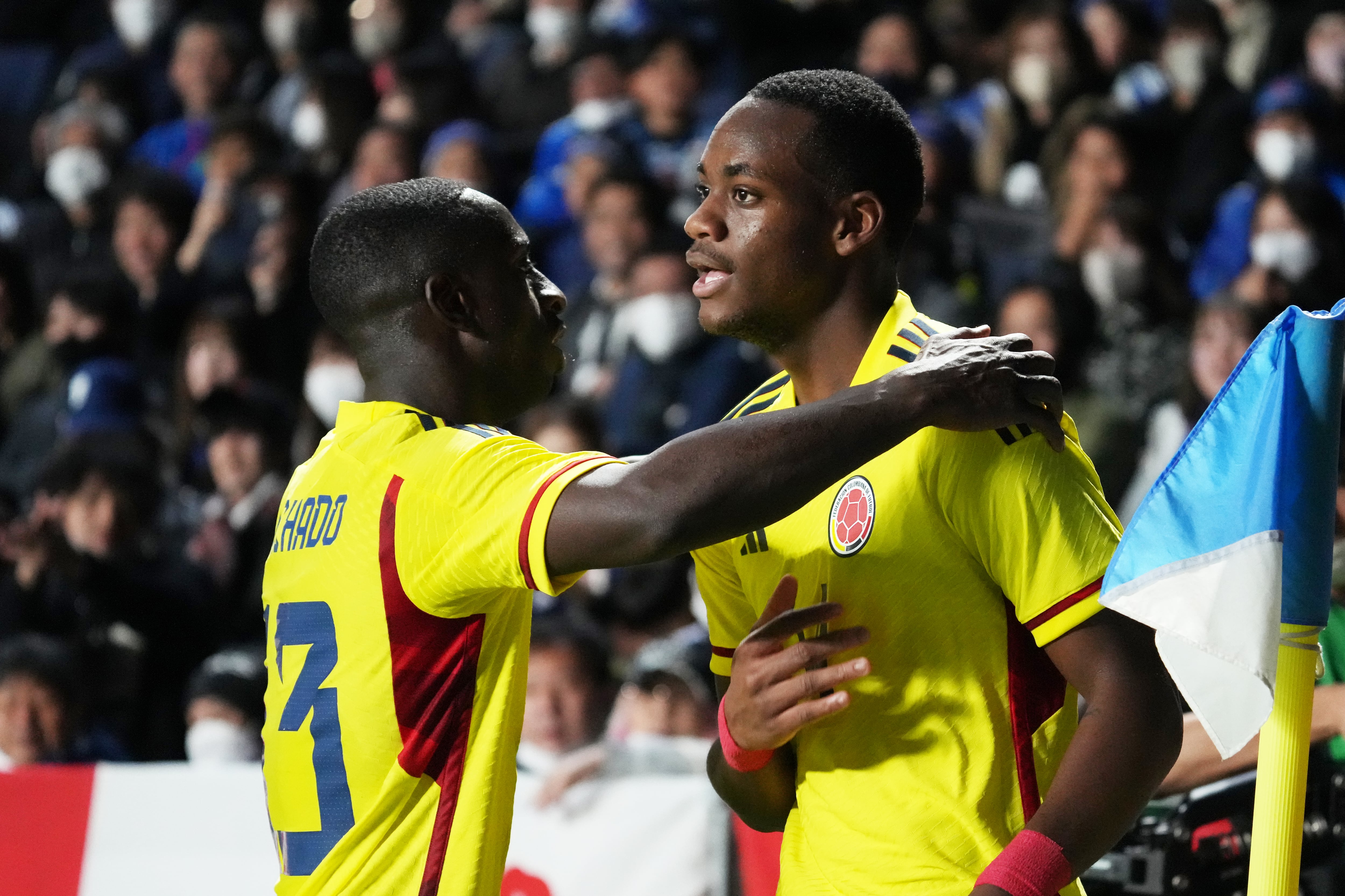 OSAKA, JAPAN - MARCH 28: Jhon Jader Duran (R) of Colombia celebrates scorin his side's first goal during the international friendly between Japan and Colombia at Yodoko Sakura Stadium on March 28, 2023 in Osaka, Japan. (Photo by Etsuo Hara/Getty Images)