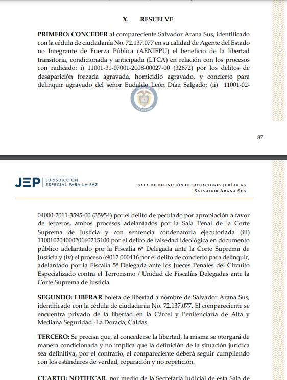 Salvador Arana Sus, condenado a 40 años de prisión, quedó en libertad por decisión de la JEP.