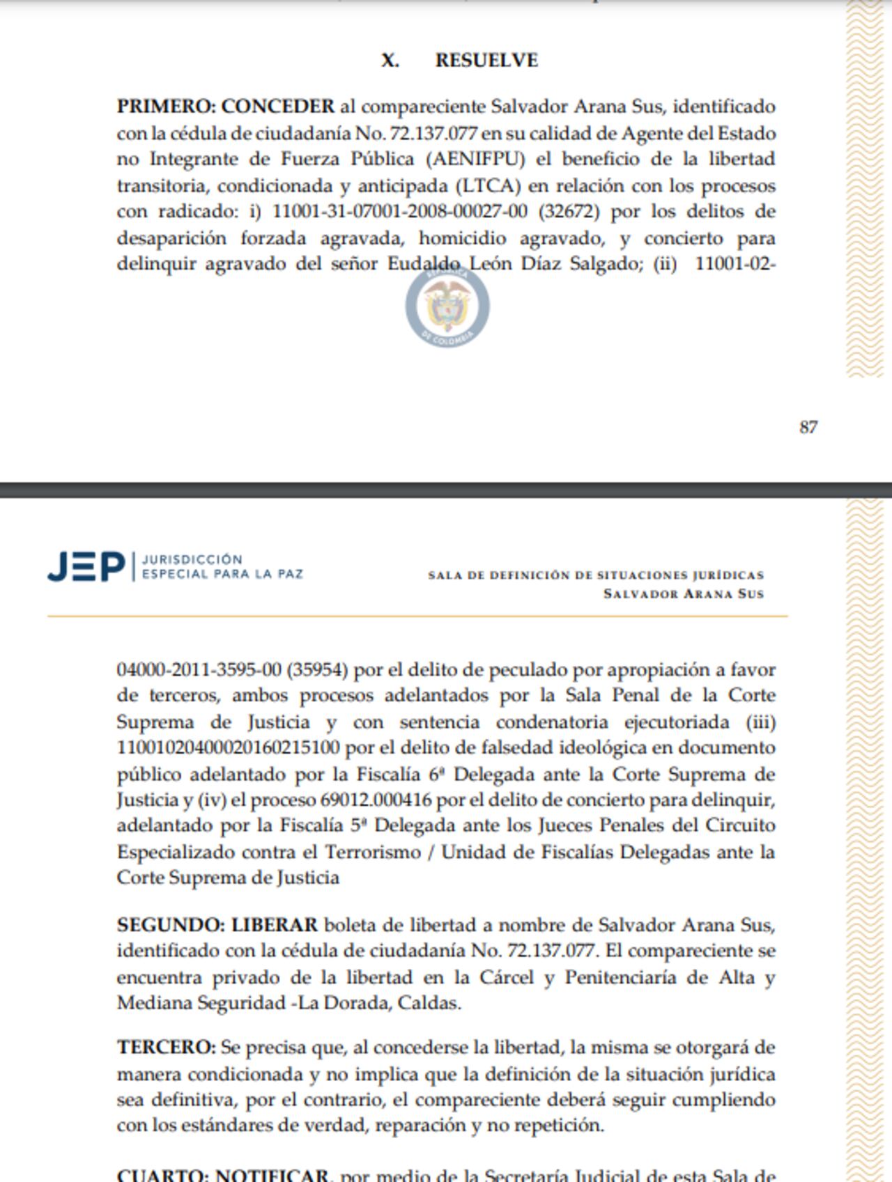 Salvador Arana Sus, condenado a 40 años de prisión, quedó en libertad por decisión de la JEP.
